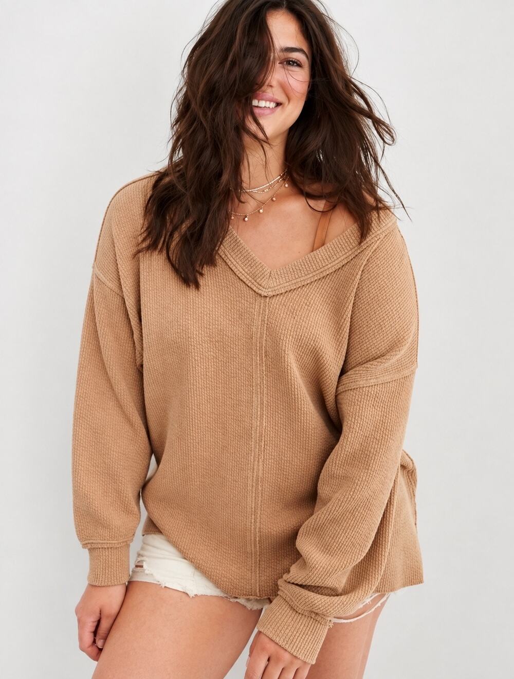 Aerie Women’s Wonder Textured V-Neck Oversized Sweatshirt Tan Large